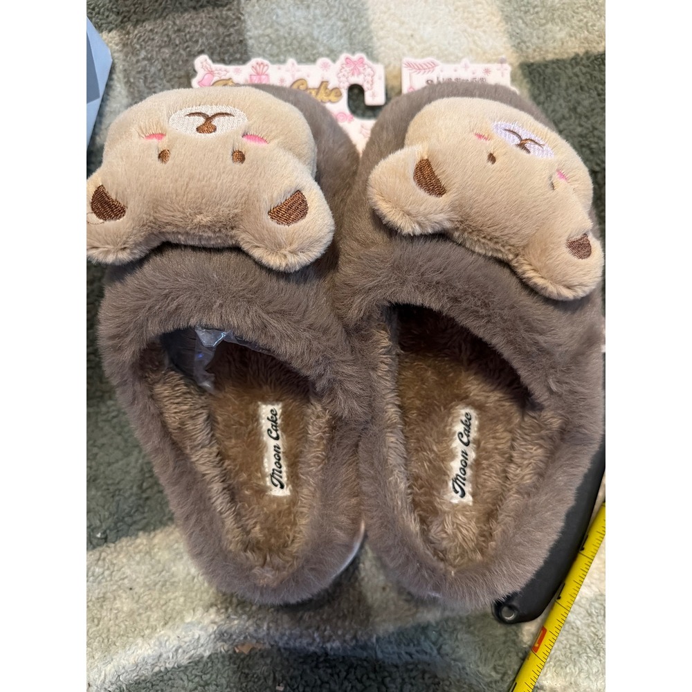 Moon Cake Women Brown Faux Fur Bear Slippers Plush House Shoes Size S 5-6 NEW
